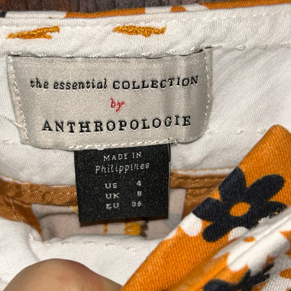 Anthropologie slim straight pants orange black and white floral pattern size 4 - Picture 3 of 10